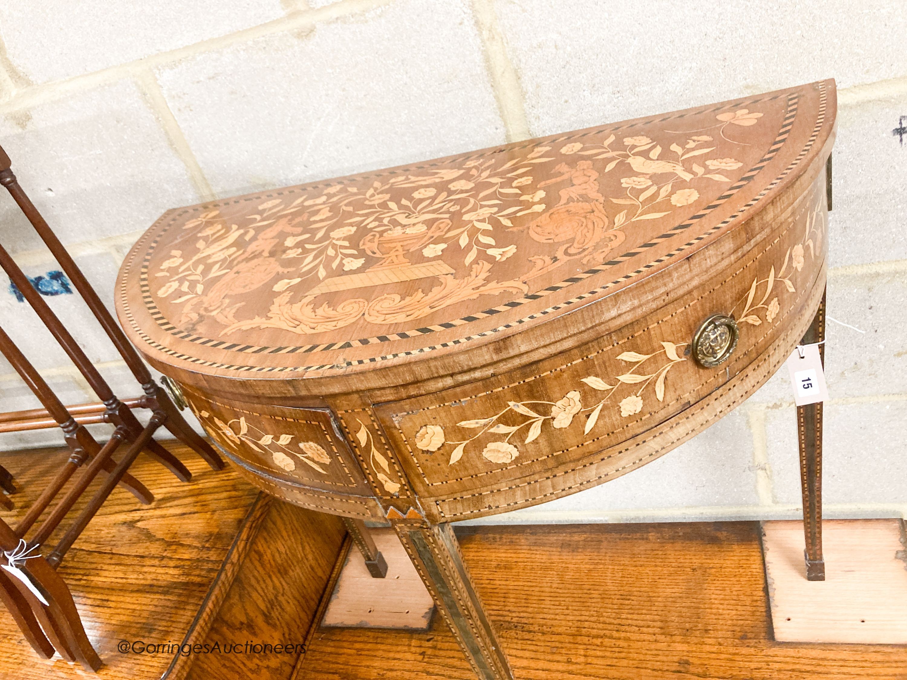 A 19th century Dutch marquetry walnut demi lune side table, width 76cm, depth 39cm, height 74cm